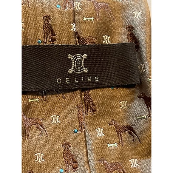 Celine 100% Silk Tie Dog Theme Made in Italy Neutral Color - Picture 4 of 6